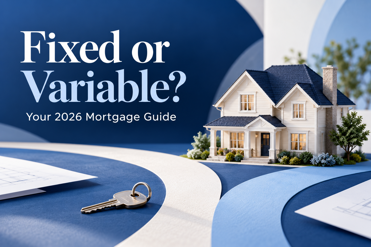 Fixed or Variable? Your 2026 Mortgage Guide, with a model house and keys