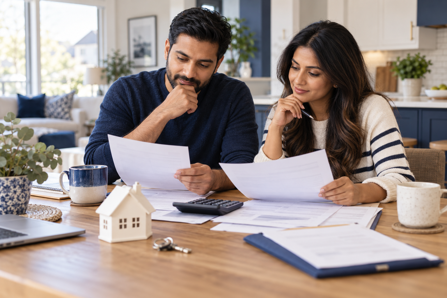 Couple reviewing household budget and mortgage paperwork at home
